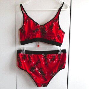 Womens Tropical High-Waist Bikini Set 2XL Red & Black Leaf Print Adjustable Stra